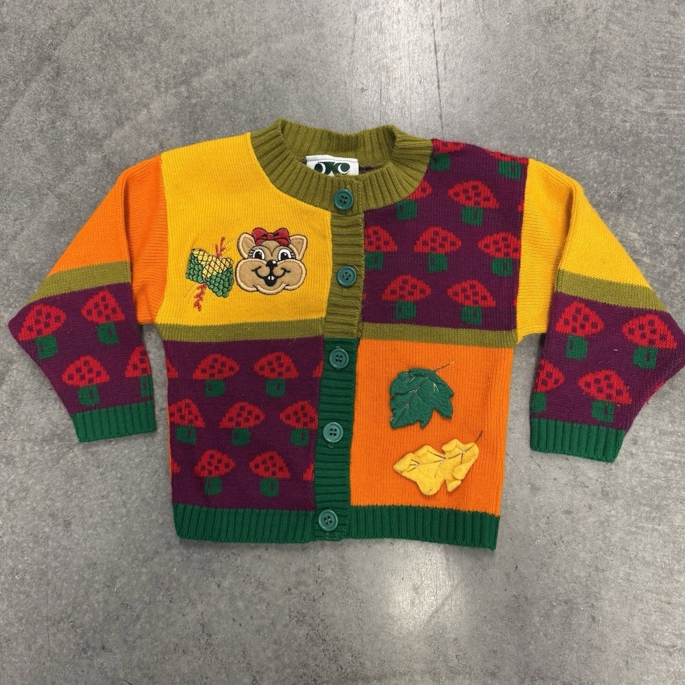Vintage Susan Charles Kids 4T Cardigan Sweater Squirrel Mushroom Fall Novelty